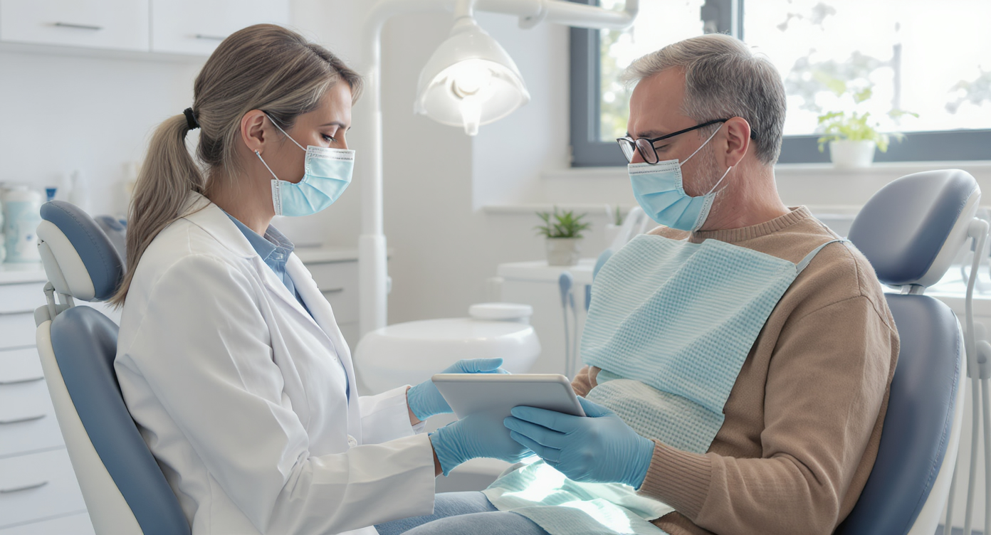 Zahnarzt erklärt einem Patienten eine Behandlung auf einem Tablet