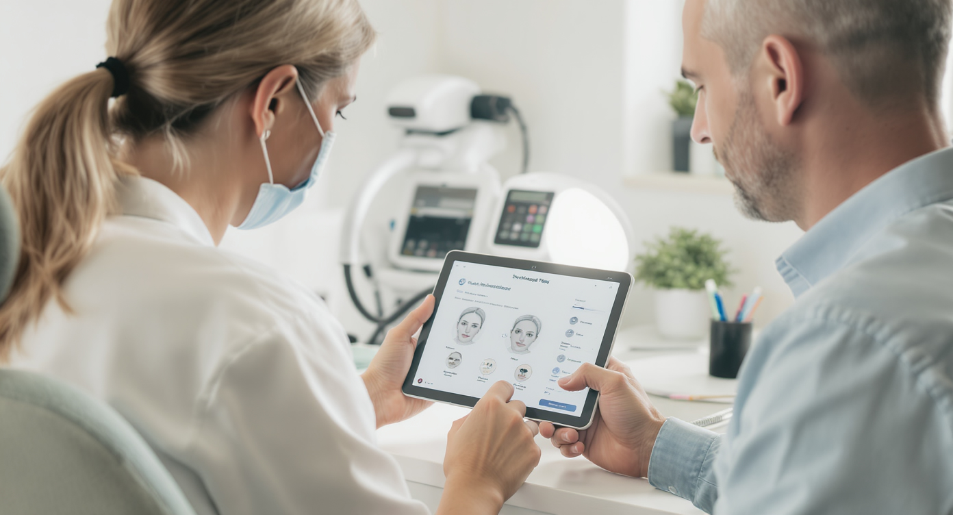 Dermatologin erklärt einer Patientin einen Behandlungsweg auf einem Tablet