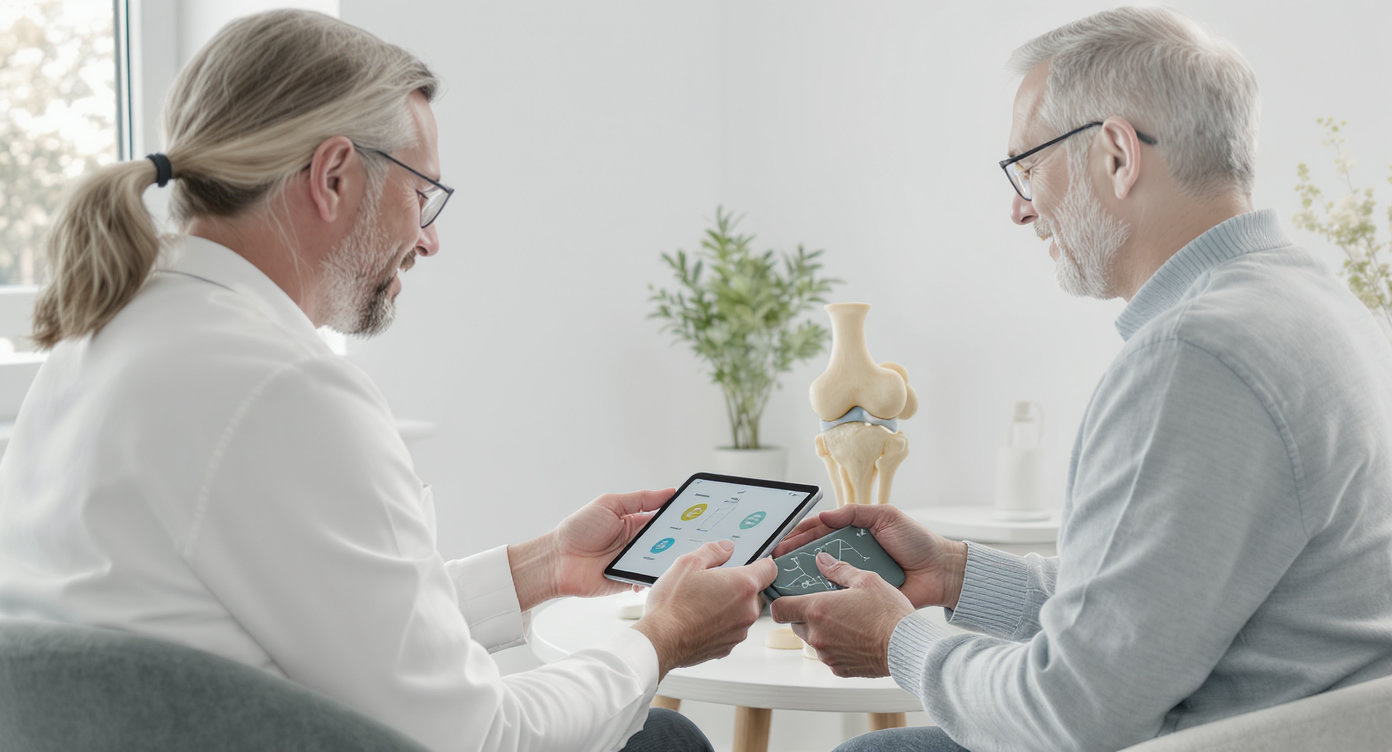 Orthopäde bespricht einen Therapieplan auf einem Tablet